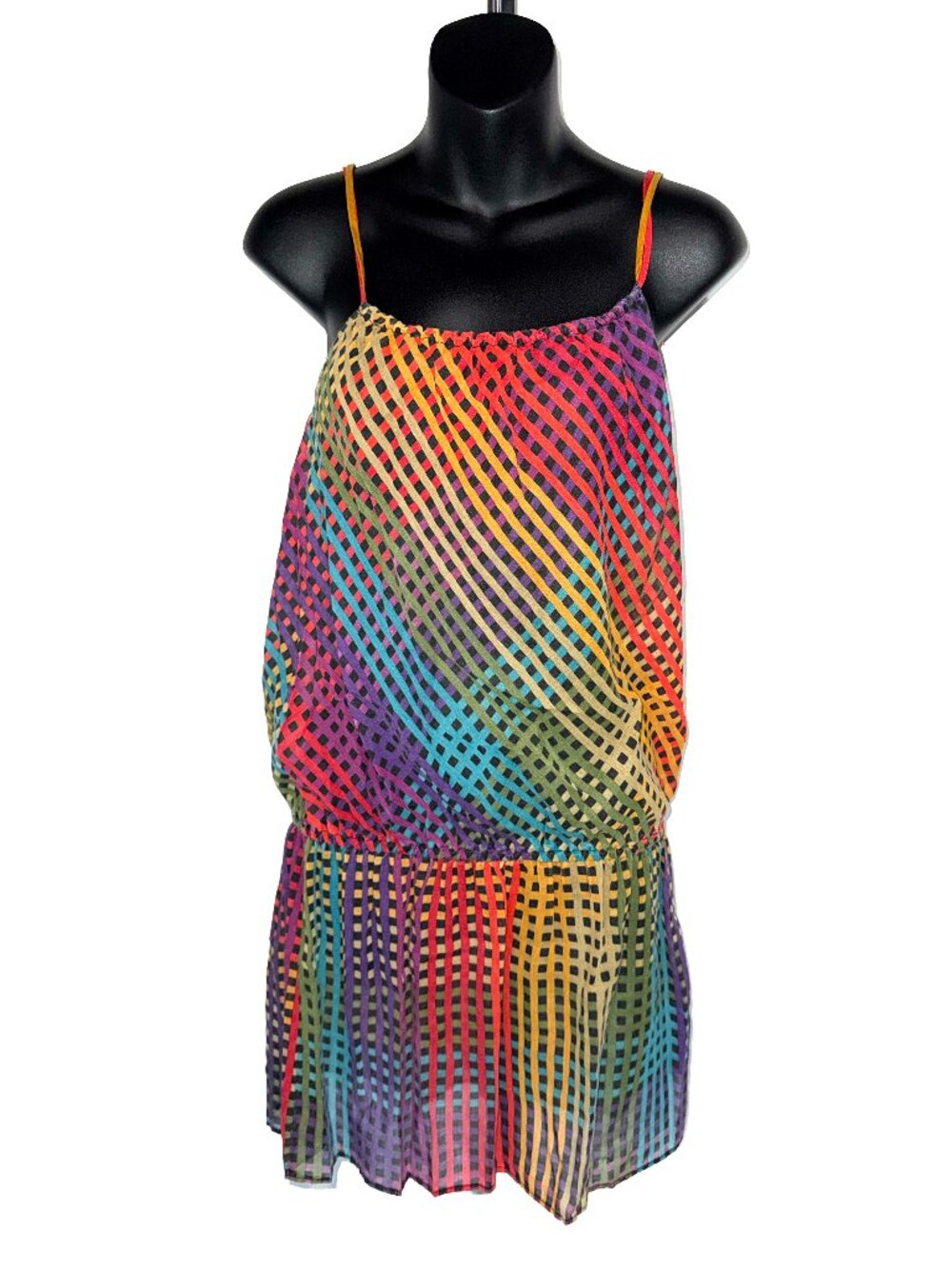 Vintage 1970s Rainbow Geometric Print Sundress Colorful Dress Size Medium